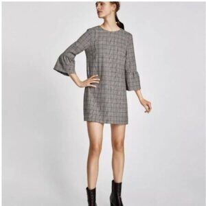 Zara Plaid Mini Dress Bell Ruffle Sleeves Small S